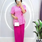 Đồ bộ quần dài áo tay ngắn phồng cổ tròn hoạ tiết
