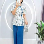 Đồ bộ quần dài áo tay ngắn phồng cổ tròn hoạ tiết