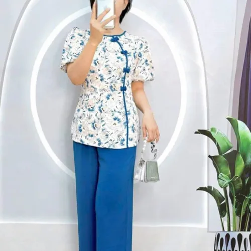 Đồ bộ quần dài áo tay ngắn phồng cổ tròn hoạ tiết