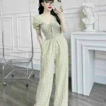 Đồ bộ quần dài áo tay ngắn phồng cổ vuông caro
