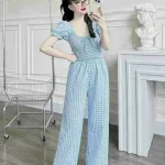 Đồ bộ quần dài áo tay ngắn phồng cổ vuông caro