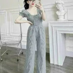Đồ bộ quần dài áo tay ngắn phồng cổ vuông caro