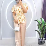 Đồ bộ quần dài áo tay ngắn phồng cồ vuông hoạ tiết