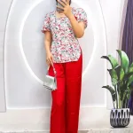 Đồ bộ quần dài áo tay ngắn phồng cồ vuông hoạ tiết