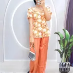 Đồ bộ quần dài áo tay ngắn phồng cồ vuông hoạ tiết