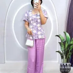 Đồ bộ quần dài áo tay ngắn phồng cồ vuông hoạ tiết