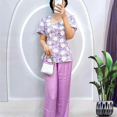Đồ bộ quần dài áo tay ngắn phồng cồ vuông hoạ tiết