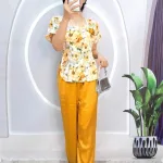 Đồ bộ quần dài áo tay ngắn phồng cồ vuông hoạ tiết