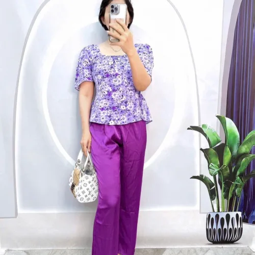 Đồ bộ quần dài áo tay ngắn phồng cổ vuông hoạ tiết