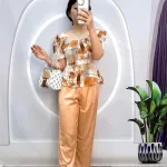 Đồ bộ quần dài áo tay ngắn phồng cổ vuông hoạ tiết