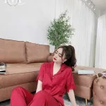 Đồ bộ quần dài áo tay ngắn viền ren cổ bẻ màu trơn
