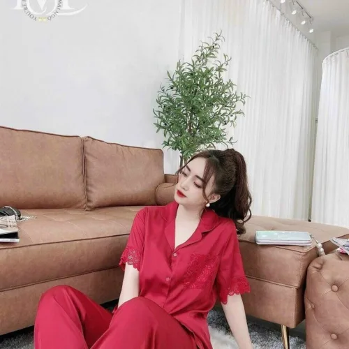 Đồ bộ quần dài áo tay ngắn viền ren cổ bẻ màu trơn