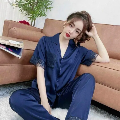 Đồ bộ quần dài áo tay ngắn viền ren cổ bẻ màu trơn