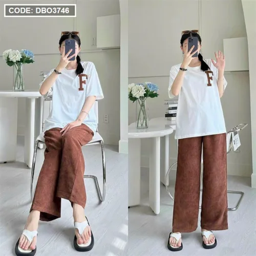 Đồ bộ quần dài áo tay trắng tay ngắn in chữ F