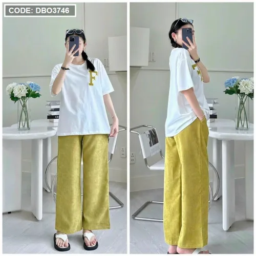 Đồ bộ quần dài áo tay trắng tay ngắn in chữ F