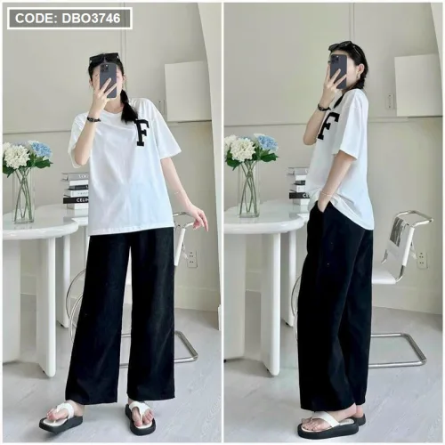 Đồ bộ quần dài áo tay trắng tay ngắn in chữ F