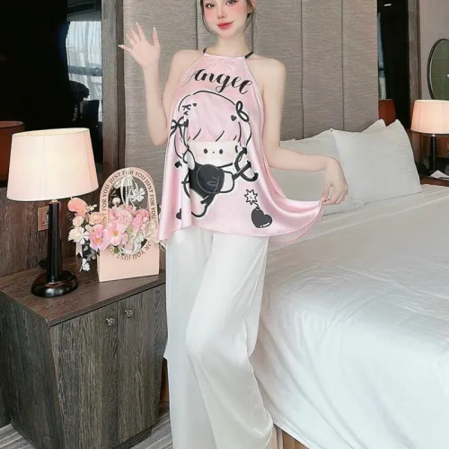 Đồ bộ quần dài áo yếm dây hoạ tiết mặc nhà