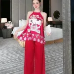 Đồ bộ quần dài áo yếm dây hoạ tiết mặc nhà