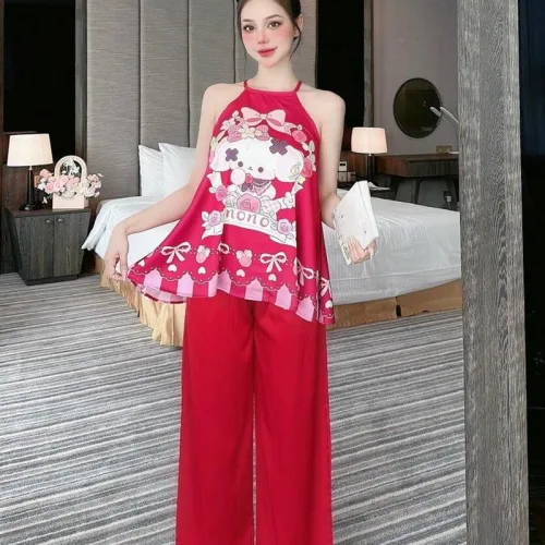 Đồ bộ quần dài áo yếm dây hoạ tiết mặc nhà