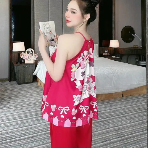 Đồ bộ quần dài áo yếm dây hoạ tiết mặc nhà