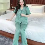 Đồ bộ quần dài bèo áo tay lửng bèo màu trơn