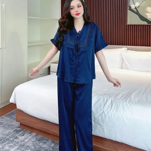 Đồ bộ quần dài bèo áo tay lửng bèo màu trơn