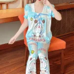 Đồ bộ quần dài bèo áo tay ngắn bèo cổ vuông hoạ tiết
