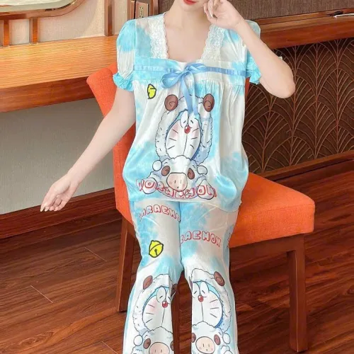 Đồ bộ quần dài bèo áo tay ngắn bèo cổ vuông hoạ tiết