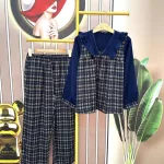Đồ bộ quần dài caro áo tay dài cổ v bèo