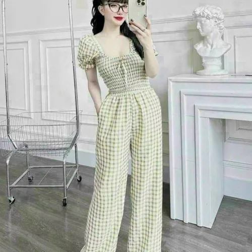 Đồ bộ quần dài caro áo tay ngắn phồng cổ vuông