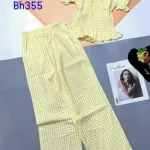 Đồ bộ quần dài caro áo tay ngắn phồng cổ vuông