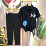 Đồ bộ quần dài đen áo sơ mi tay ngắn in hình