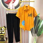 Đồ bộ quần dài đen áo sơ mi tay ngắn in hình