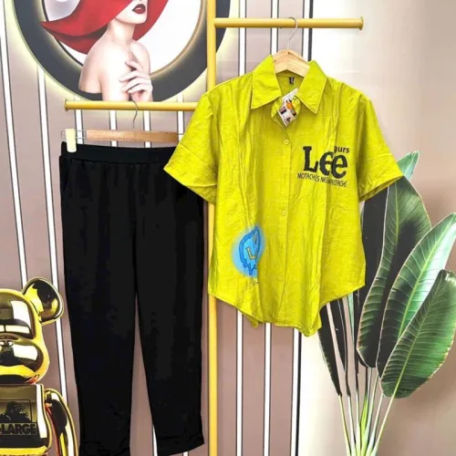Đồ bộ quần dài đen áo sơ mi tay ngắn in hình