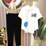 Đồ bộ quần dài đen áo sơ mi tay ngắn in hình