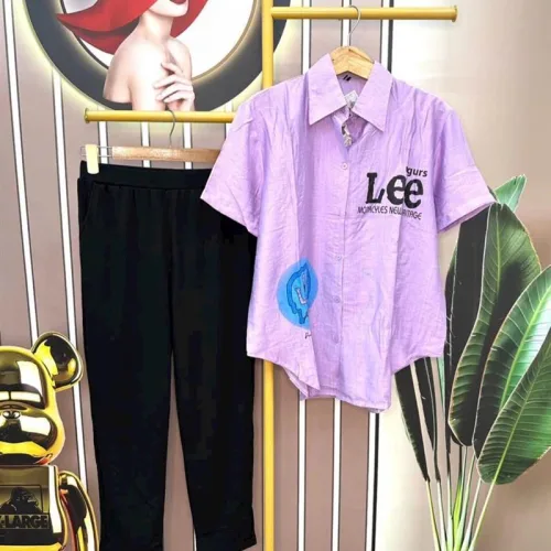 Đồ bộ quần dài đen áo sơ mi tay ngắn in hình