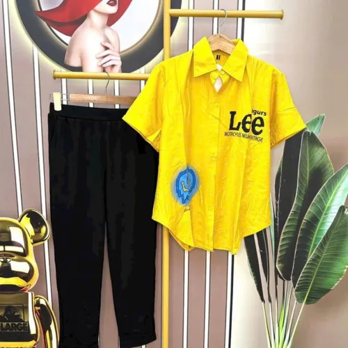 Đồ bộ quần dài đen áo sơ mi tay ngắn in hình