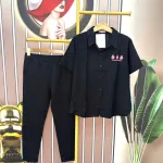Đồ bộ quần dài đen áo sơ mi tay ngắn in hình gấu