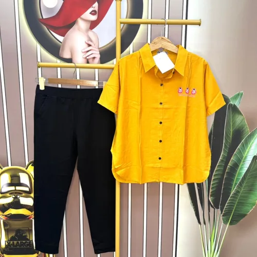 Đồ bộ quần dài đen áo sơ mi tay ngắn in hình gấu sau lưng