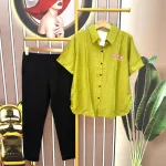 Đồ bộ quần dài đen áo sơ mi tay ngắn in hình gấu sau lưng