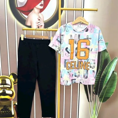 Đồ bộ quần dài đen áo tay ngắn cổ tròn in số 16