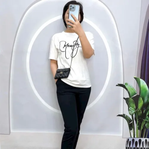 Đồ bộ quần dài đen áo tay ngắn in chữ