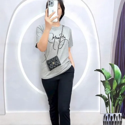 Đồ bộ quần dài đen áo tay ngắn in chữ