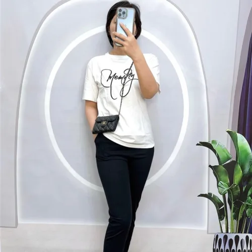 Đồ bộ quần dài đen áo tay ngắn in chữ