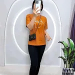 Đồ bộ quần dài đen áo tay ngắn in chữ