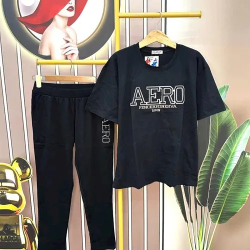 Đồ bộ quần dài đen áo tay ngắn in chữ form rộng