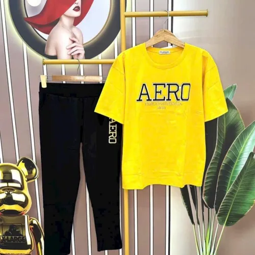 Đồ bộ quần dài đen áo tay ngắn in chữ form rộng