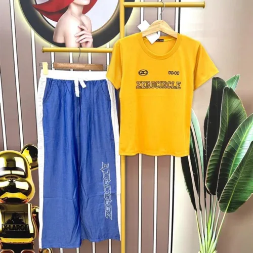 Đồ bộ quần dài jean áo tay ngắn in chữ