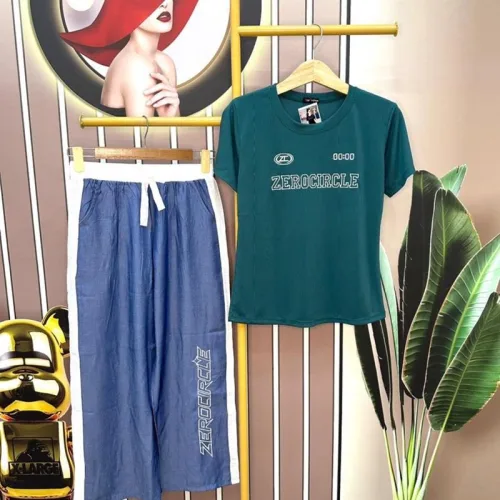 Đồ bộ quần dài jean áo tay ngắn in chữ