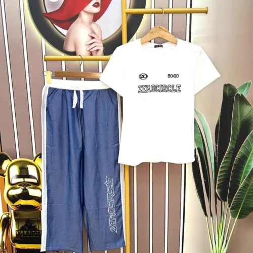 Đồ bộ quần dài jean áo tay ngắn in chữ